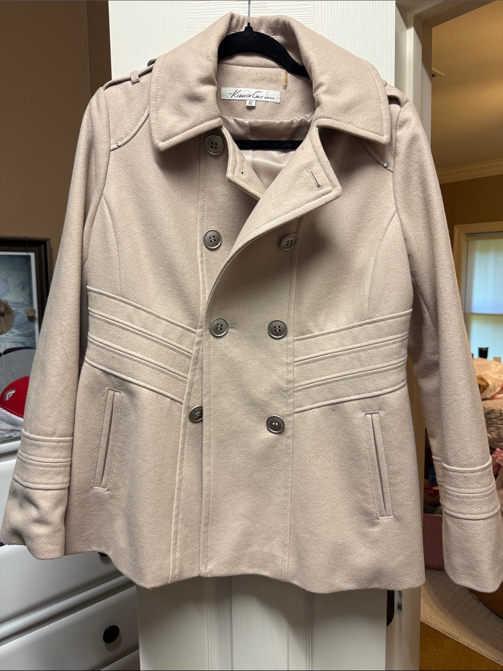 Kenneth Cole Women's Double-Breasted Tan-Cream Wool-Blend Pea Coat
